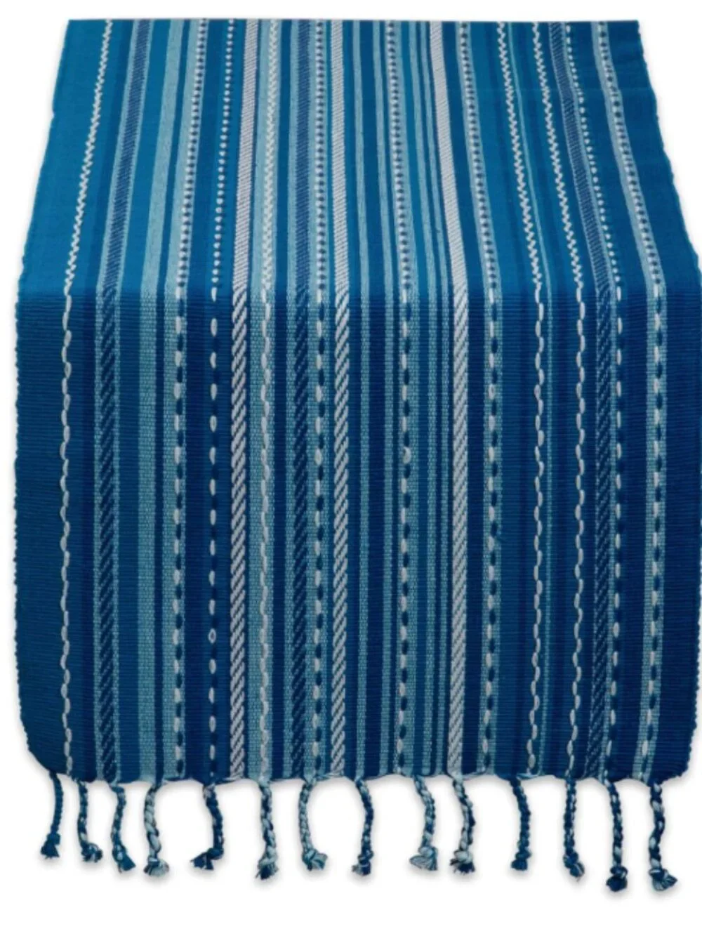 DII Blue Tonal Stripe with Fringe Table Runner 14x72